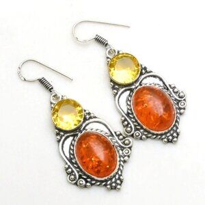 Amber Citrine Gemstone Sterling Silver Drop Dangle Earrings